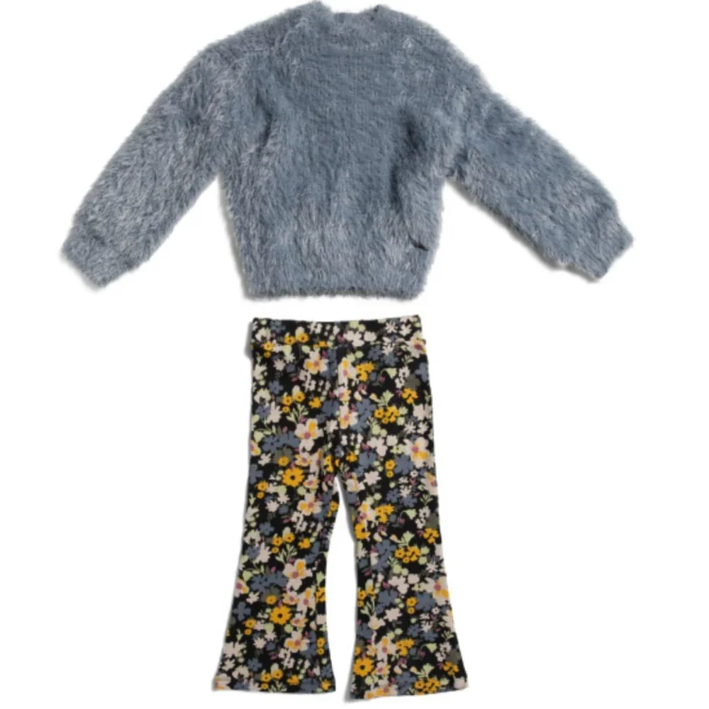 NWT Volcom Girls Long Sleeve Knit Sweater & Flare Floral Pants Set Dusty Blue